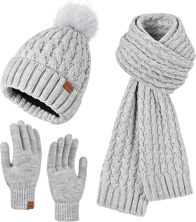 Womens Winter Warm Beanie Hat Long Neck Scarf and Touchscreen Gloves Set with Fleece Lined Pom Skull Caps for Women