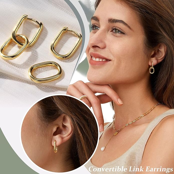 18K Gold Plated Two Tone Gold Silver Hoop Earrings for Women Hypoallergenic - 925 Sterling Silver Drop Dangle Paperclip Huggie Hoop Earrings - Chain Link Dangle Earrings Jewelry