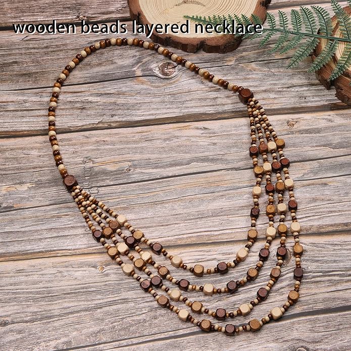 MILAKOO Wood Beads Necklace & Earrings for Women Chunky Multi-Layering Choker Necklace Ear Pendant