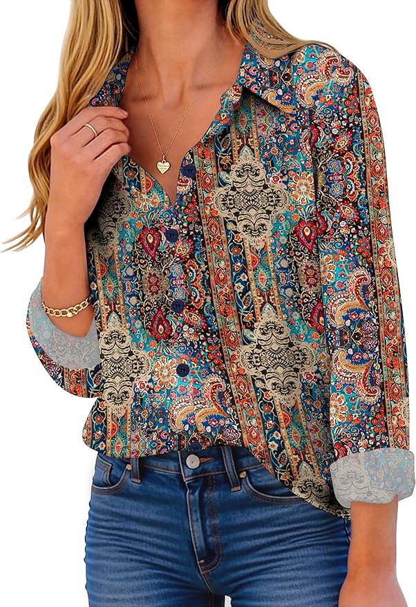 ZEAGOO Button Down Shirt for Women Long Sleeve Blouses Floral Printed Tops Business Casual Work Outfits S-XXL