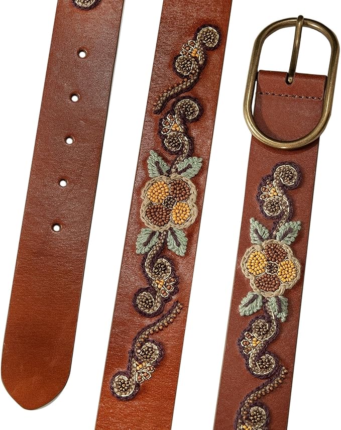 Lucky Brand Women's Embroidered Leather Belt | Stylish | Classic | Western-Inspired | American Heritage | Jean | Pant