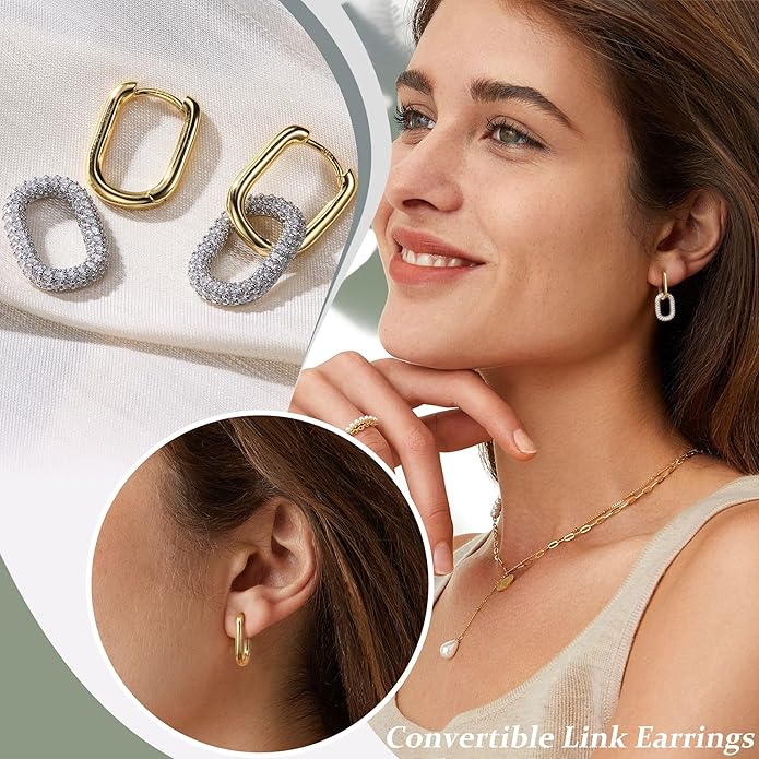 18K Gold Plated Two Tone Gold Silver Hoop Earrings for Women Hypoallergenic - 925 Sterling Silver Drop Dangle Paperclip Huggie Hoop Earrings - Chain Link Dangle Earrings Jewelry