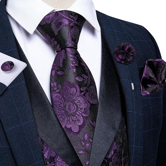 DiBanGu Mens Paisley Suit Vest Silk Jacquard Waistcoat and Necktie Set Formal Shawl Collar Dress Vest 7PCS for Wedding Party