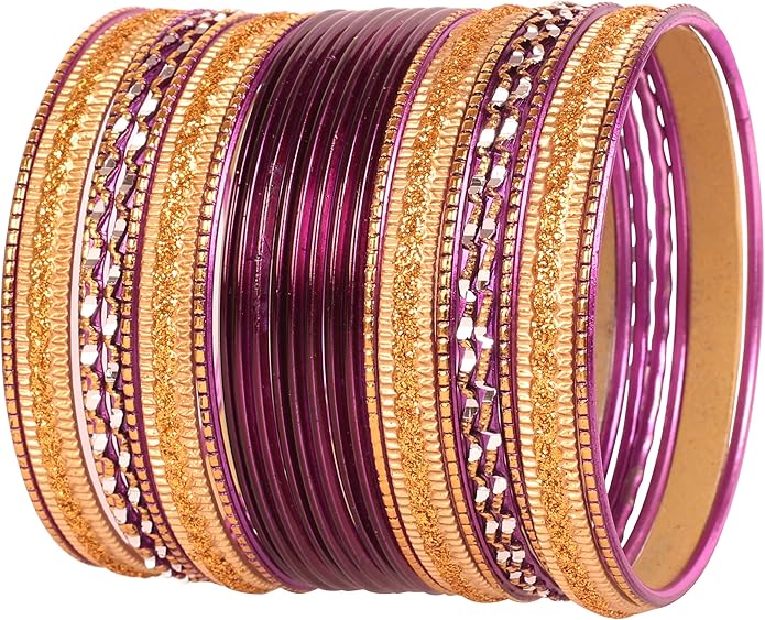 Touchstone Indian Metal Bangles for Women Gold Alloy Bracelets desi 2 Dozen Bangle Collection Bollywood Women's Jewelry Set Multi Stacking Wide Chunky Textured Golden Set of 24 in Gold or White Tone