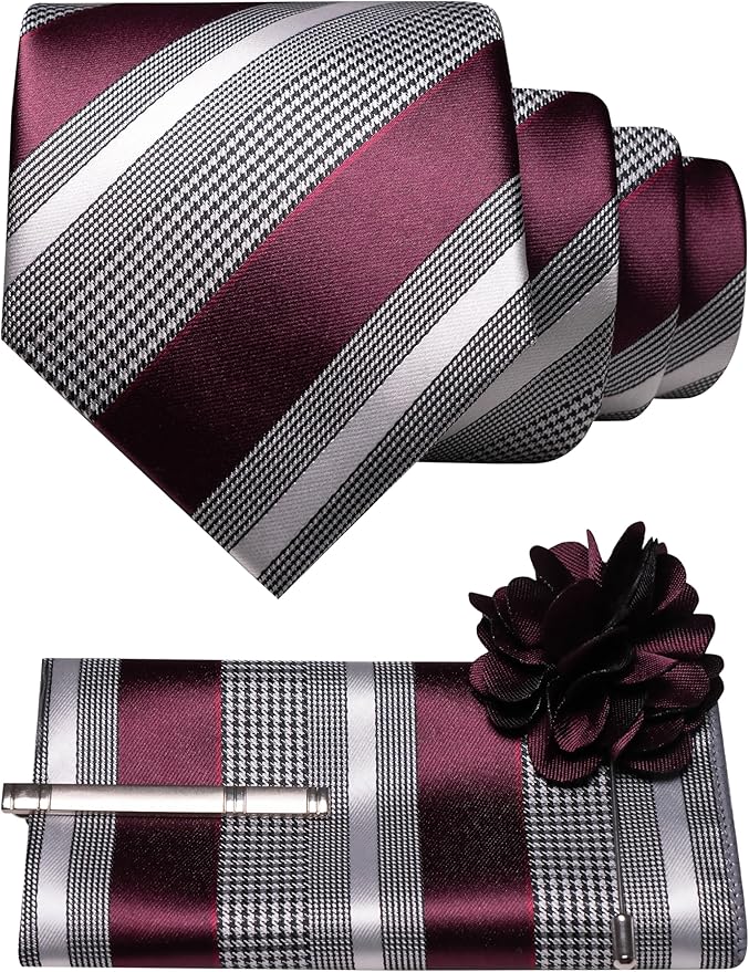 JEMYGINS Mens Striped Tie and Lapel Pin Necktie Pocket Square and Tie Clip Sets for Business Casual 4PCS