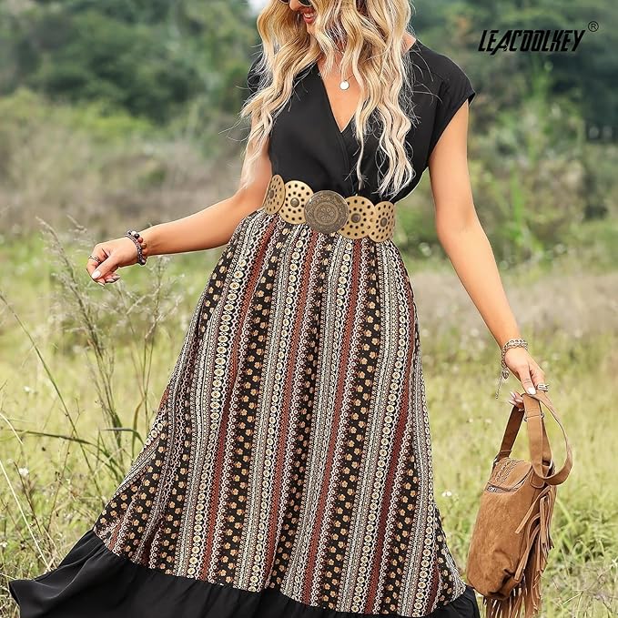 LEACOOLKEY Women's Boho Disc Belt Wide Western Leather Belt Vintage Concho Waist Belts for Dress Jeans