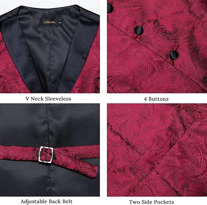 DiBanGu Mens Paisley Suit Vest Silk Jacquard Waistcoat and Necktie Set Formal Shawl Collar Dress Vest 7PCS for Wedding Party