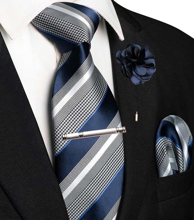 JEMYGINS Mens Striped Tie and Lapel Pin Necktie Pocket Square and Tie Clip Sets for Business Casual 4PCS