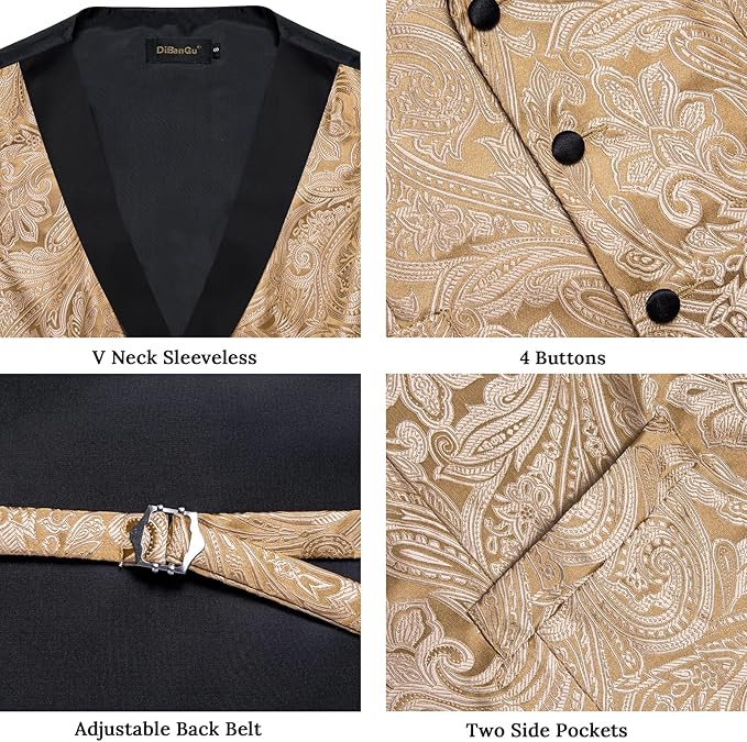 DiBanGu Mens Paisley Suit Vest Silk Jacquard Waistcoat and Necktie Set Formal Shawl Collar Dress Vest 7PCS for Wedding Party
