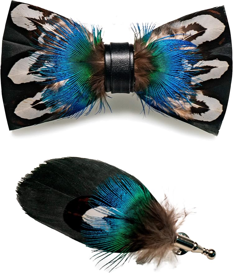 RBOCOTT Handmade Feather Pre-tied Bow tie and Brooch Sets for Men