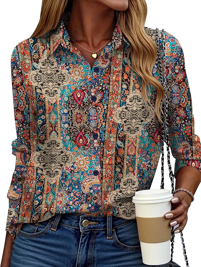 ZEAGOO Button Down Shirt for Women Long Sleeve Blouses Floral Printed Tops Business Casual Work Outfits S-XXL