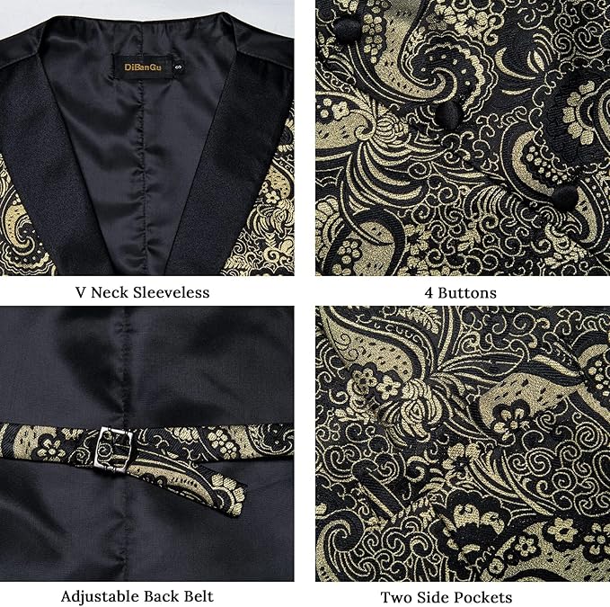 DiBanGu Mens Paisley Suit Vest Silk Jacquard Waistcoat and Necktie Set Formal Shawl Collar Dress Vest 7PCS for Wedding Party