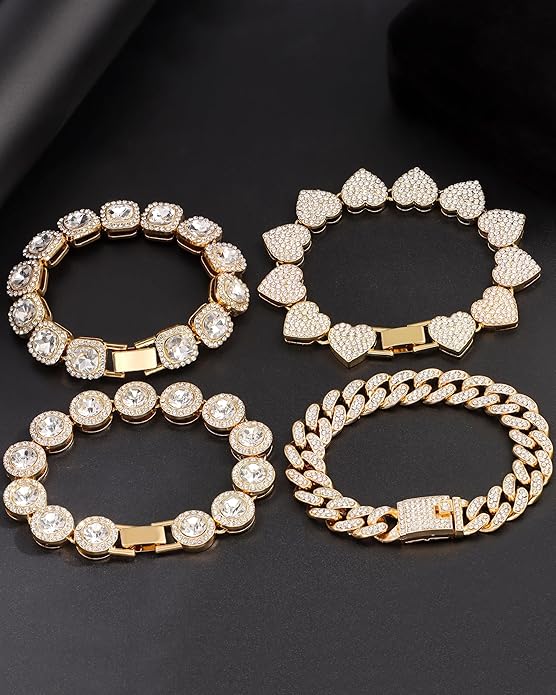 4PCS Gold Bracelets for Women Silver Clustered Tennis Bracelet for Women Heart Round Diamond Cuban Bracelet Layered Link Bracelet Set Fashion Jewelry for Women Set