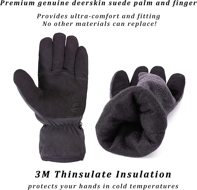 SKYDEER Winter Gloves with Soft Deerskin Suede Leather & Thermal Polar Fleece & Warm 3M Thinsulate Insulation (SD8661T)