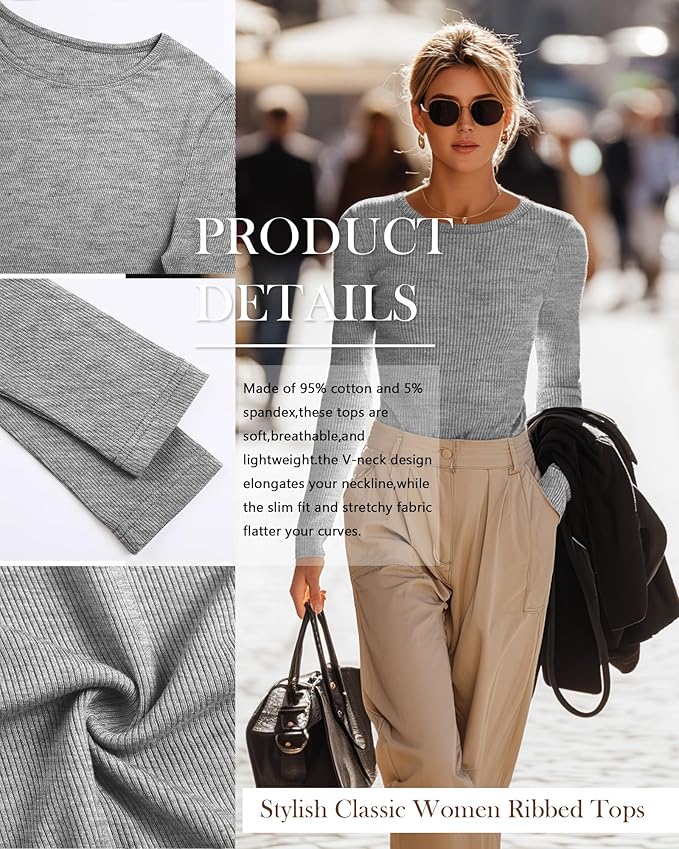 Neer 4 Pack Women's Ribbed Long Sleeve Shirts, Cotton Crew Neck Slim Fit Tops Stretch Knit Casual Base Layer Basic Tee Shirts