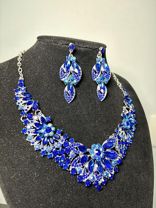 Women Jewelry Set Rhinestone Crystal Green Bride Statement Choker Necklace Teardrop Cluster Dangle Earrings Set for Wedding Party