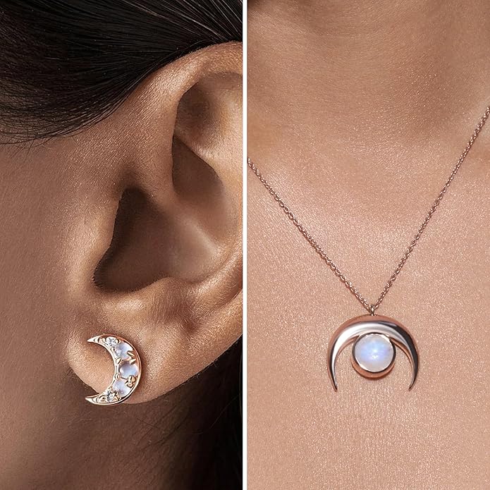 Moon Magic | Authentic Moonstone Earrings & Necklace Set for Women | Real 925 Sterling Silver & 18K Rose Gold Raw Crystal Studs & Necklace | Jewelry Set for women