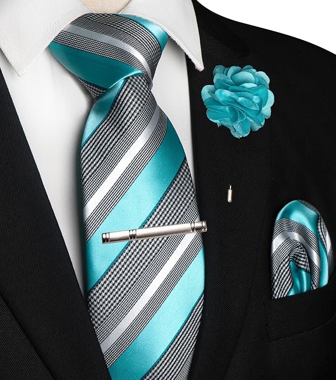 JEMYGINS Mens Striped Tie and Lapel Pin Necktie Pocket Square and Tie Clip Sets for Business Casual 4PCS