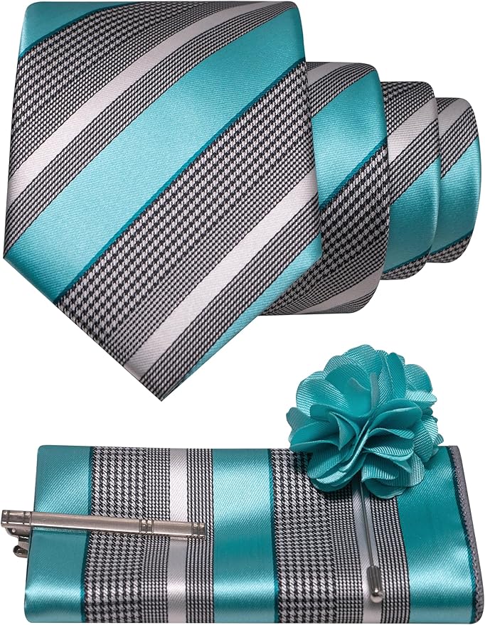 JEMYGINS Mens Striped Tie and Lapel Pin Necktie Pocket Square and Tie Clip Sets for Business Casual 4PCS