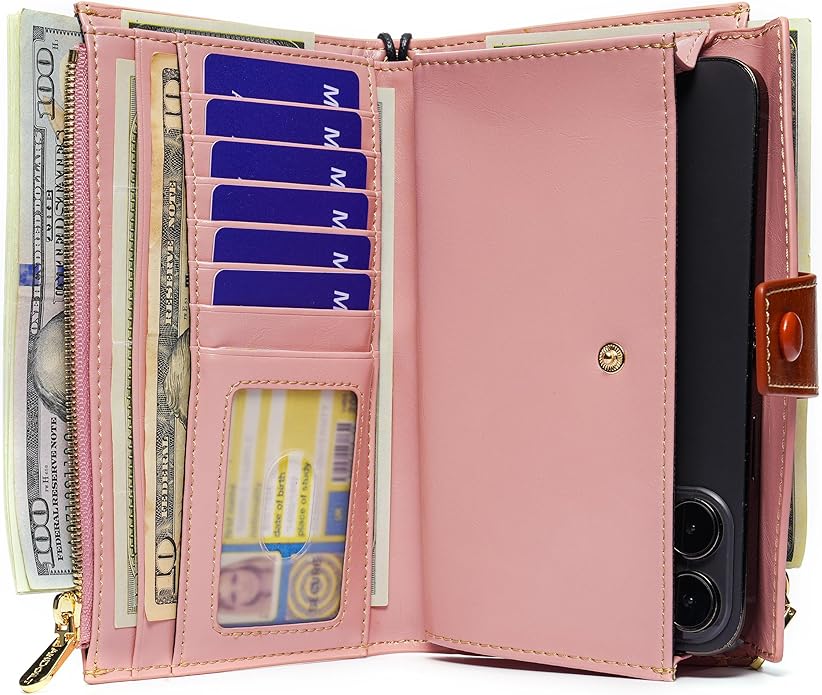 ANDOILT Wallet Women RFID Blocking Genuine Leather Bifold Multi Card Organizer Wristlet Purse Cell Phone Handbag