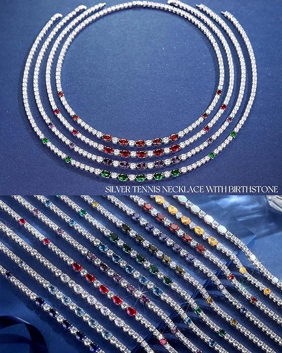 FANCIME Sterling Silver Tennis Necklace 4mm 18 inch Birthstone Necklace with 6 * 8mm Oval Gemstone Luxury Fine Birthday Jewelry Gifts for Women