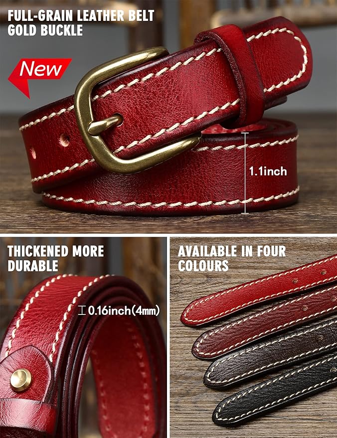Womens Belts for Jeans 1.1" Width Ladies Belts for Dresses Full Grain Leather Gold Buckle Belt Gift Box