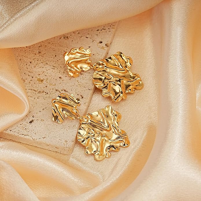 Large Gold Earrings for Women, Chunky Gold Statement Drop Dangle Earring Maple Leave Ginko Leaf Jewelry Gifts