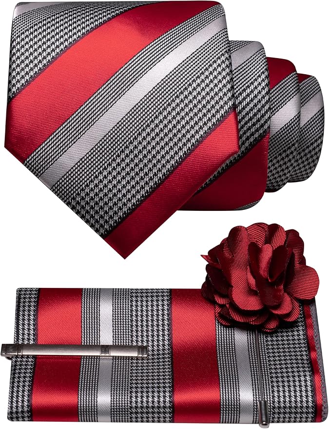 JEMYGINS Mens Striped Tie and Lapel Pin Necktie Pocket Square and Tie Clip Sets for Business Casual 4PCS