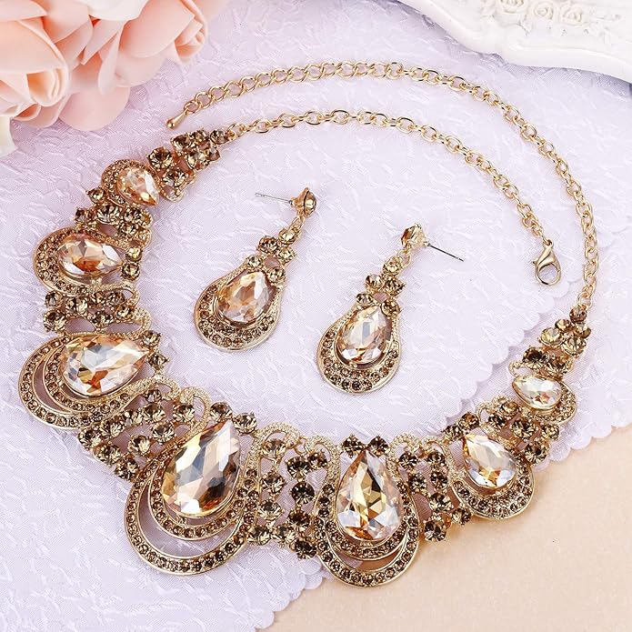 BriLove Women's Costume Fashion Crystal Teardrop Hollow Scroll Statement Necklace Dangle Earrings Set