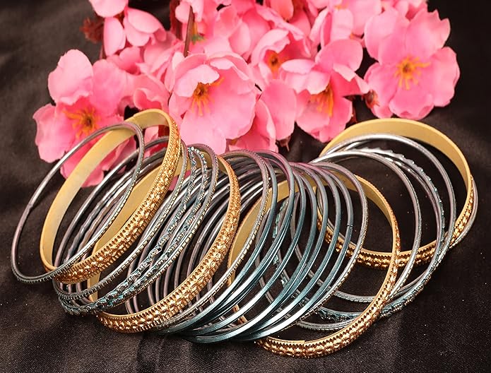 Touchstone Indian Metal Bangles for Women Gold Alloy Bracelets desi 2 Dozen Bangle Collection Bollywood Women's Jewelry Set Multi Stacking Wide Chunky Textured Golden Set of 24 in Gold or White Tone