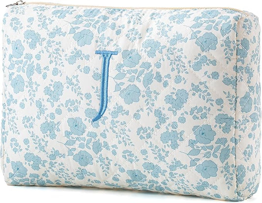 HBselect Initial Quilted Makeup Bag, Cotton Large Travel Makeup Bag, Cute Floral Coquette Make up Bag Cosmetic Bag Toiletry Bag for Women Girls J