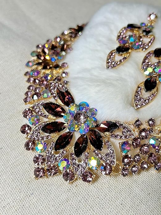 Women Jewelry Set Rhinestone Crystal Green Bride Statement Choker Necklace Teardrop Cluster Dangle Earrings Set for Wedding Party