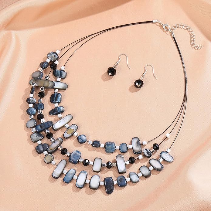 3 Layered Chunky Statement Necklace for Women Beaded Strand Necklaces with Earring Fashion Costumes Collar Necklace Jewelry Sets Gifts for Women