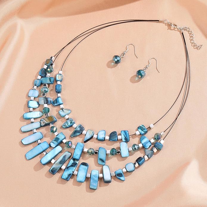 3 Layered Chunky Statement Necklace for Women Beaded Strand Necklaces with Earring Fashion Costumes Collar Necklace Jewelry Sets Gifts for Women
