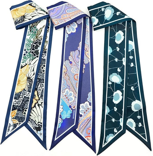 Skinny Scarf 3 Pack for Women – Bag Scarf, Silk Hair Scarves (Original Prints, Premium Twill, 3 Designs)