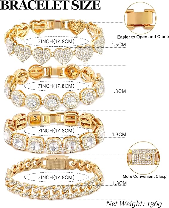4PCS Gold Bracelets for Women Silver Clustered Tennis Bracelet for Women Heart Round Diamond Cuban Bracelet Layered Link Bracelet Set Fashion Jewelry for Women Set