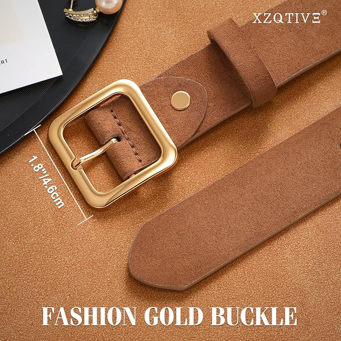 XZQTIVE Women’s Suede Belt for Jeans Pants Dresses Fashion Ladies Dark Brown Belt with Gold Buckle