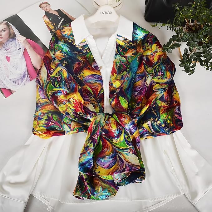 100% Mulberry Silk Scarf for Women Neck Oblong Headscarves Long Floral Print Lightweight Silk Wraps Shawls 67"*20"
