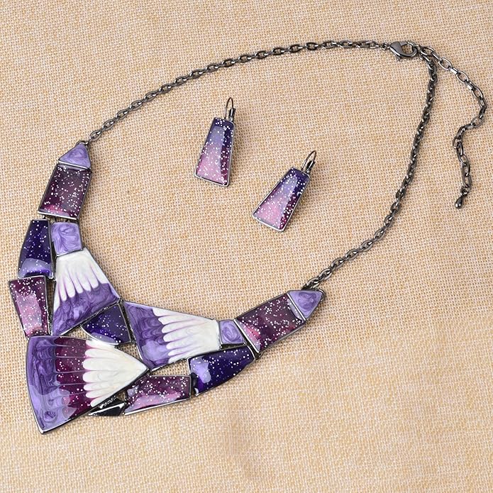 Irregular Enamel Triangle Shape Collar Bib Statement Necklace Earrings Set Women Bridal Jewelry