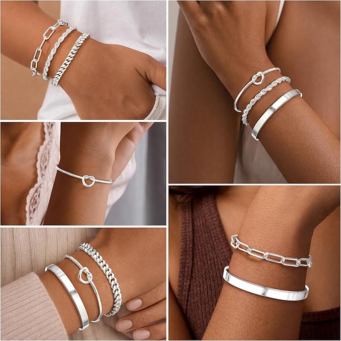 Gold Bracelets Set for Women Non Tarnish, 14K Gold Plated Sterling Silver Chunky Cuff Bracelet Stackable Gold Bangles Bracelet for Women Trendy Fashion Accessories Tie Knot Cuban Rope Paperclip Beaded Bracelet Stack Jewelry Valentines Day Gifts