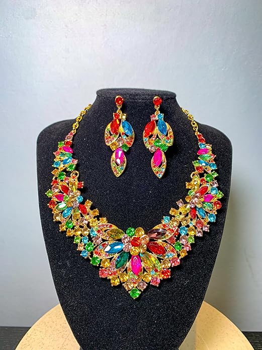 Women Jewelry Set Rhinestone Crystal Green Bride Statement Choker Necklace Teardrop Cluster Dangle Earrings Set for Wedding Party