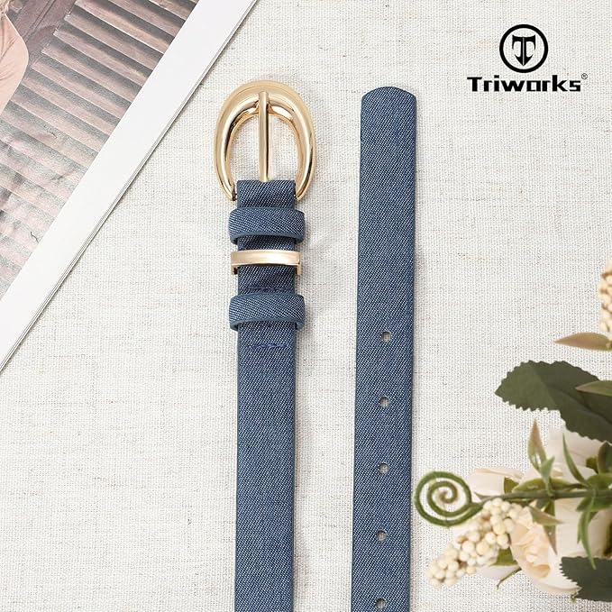 TRIWORKS Women Leather Belt for Jeans Pants Fashion Ladies Skinny Faux Leather Dress belt with Gold Buckle