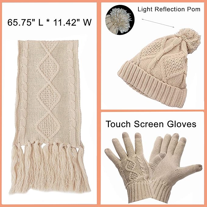 Winter Hat Gloves Scarf Set for Women, Cable Knit Beanie Pom Cap Touch Screen Glove Long Scarf 3PCS Winter Gift for Women Men