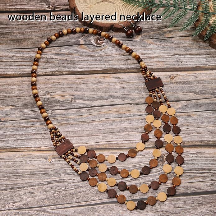 MILAKOO Wood Beads Necklace & Earrings for Women Chunky Multi-Layering Choker Necklace Ear Pendant