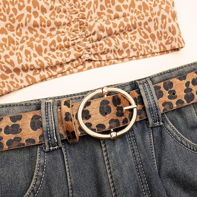 Women’s Leopard Print Leather Belts for Women, Cheetah Print Belt with Gold Buckle, Width 1.46"