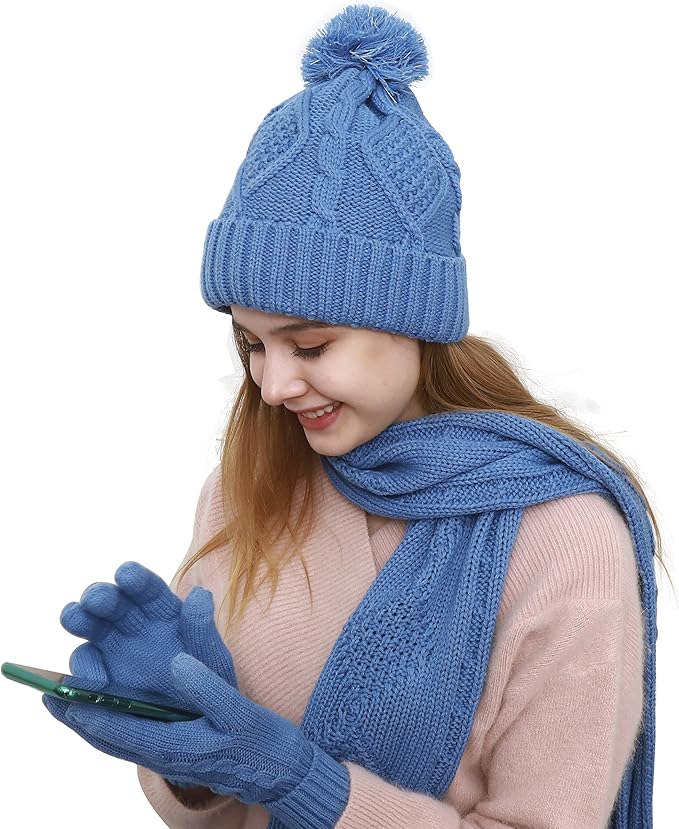 Winter Hat Gloves Scarf Set for Women, Cable Knit Beanie Pom Cap Touch Screen Glove Long Scarf 3PCS Winter Gift for Women Men