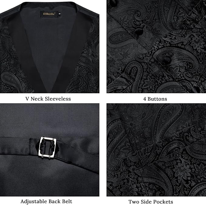 DiBanGu Mens Paisley Suit Vest Silk Jacquard Waistcoat and Necktie Set Formal Shawl Collar Dress Vest 7PCS for Wedding Party