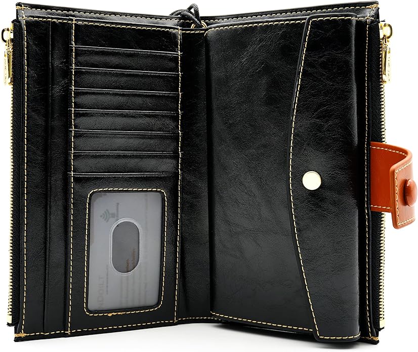 ANDOILT Wallet Women RFID Blocking Genuine Leather Bifold Multi Card Organizer Wristlet Purse Cell Phone Handbag
