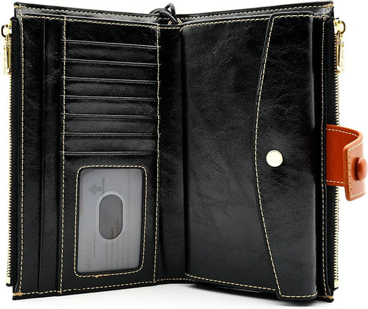 ANDOILT Wallet Women RFID Blocking Genuine Leather Bifold Multi Card Organizer Wristlet Purse Cell Phone Handbag