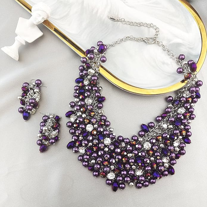 Bocar Fashion Crystal Chunky Collar Statement Necklace Earring Set for Women Gift (NK-10260)